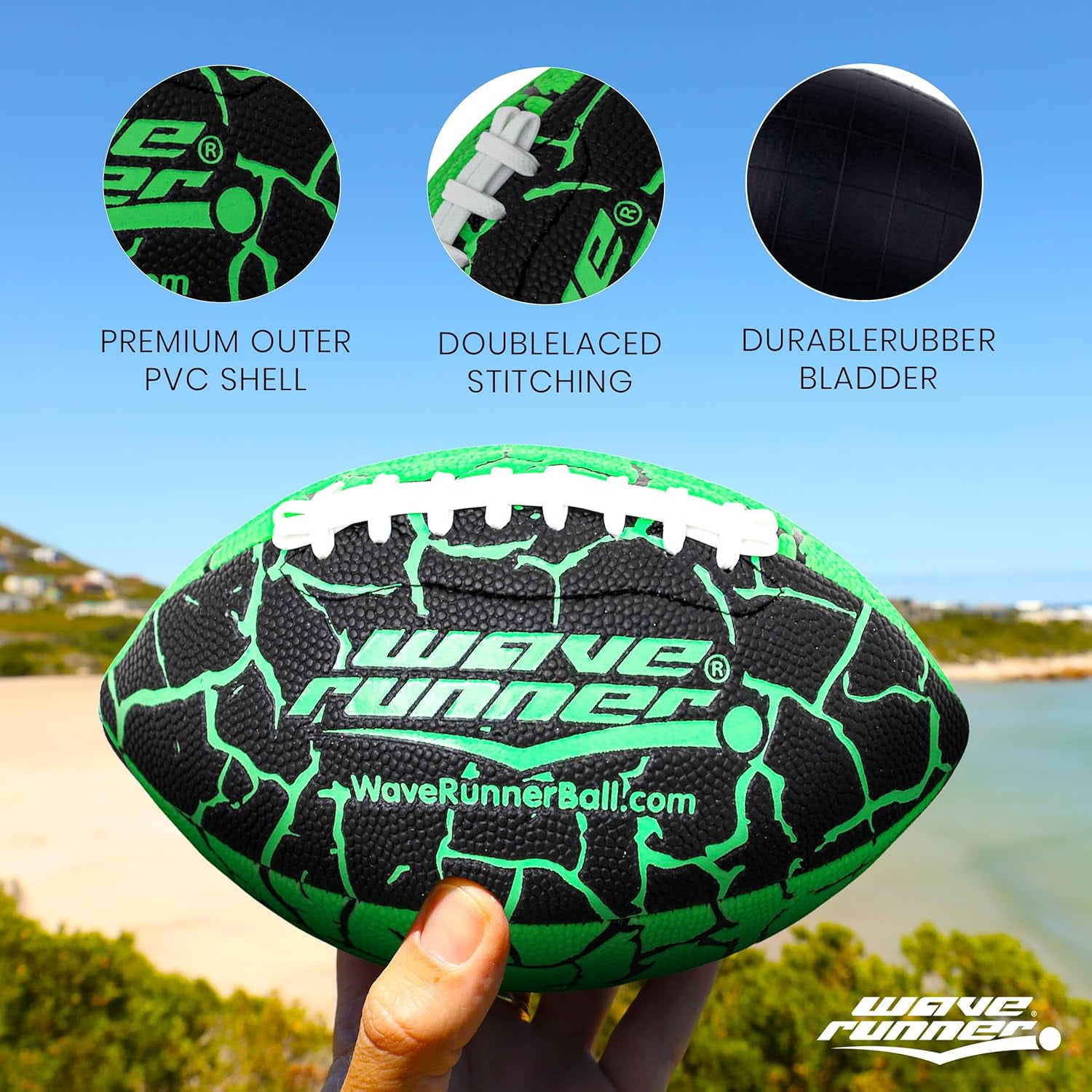 Wave Runner Grip It Waterproof Junior Size Football, 9.25-Inch, Durable Double-Laced, Ideal for Beach, Pool, and Outdoor Games Multicolor