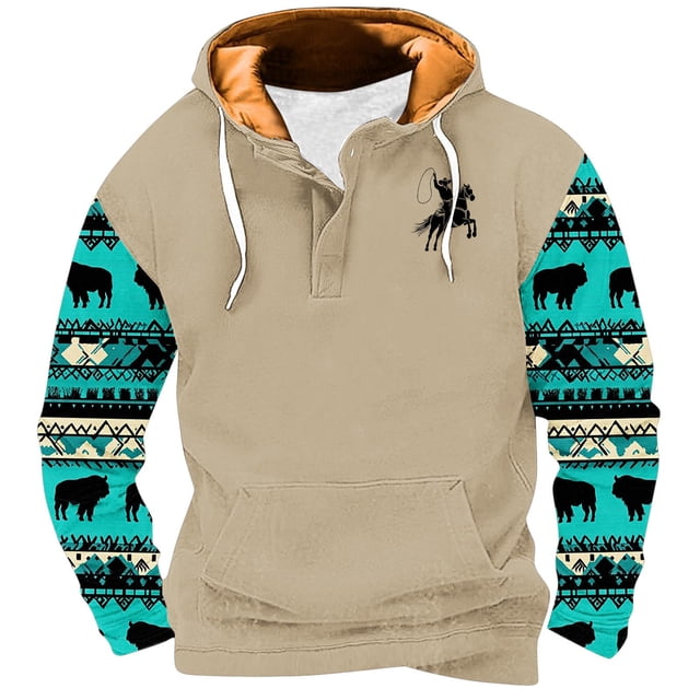Penkiiy Chandail à Capuche Mode Hommes Femmes Manches Longues Aztec Impression 3D Chandail 3TG Kaki