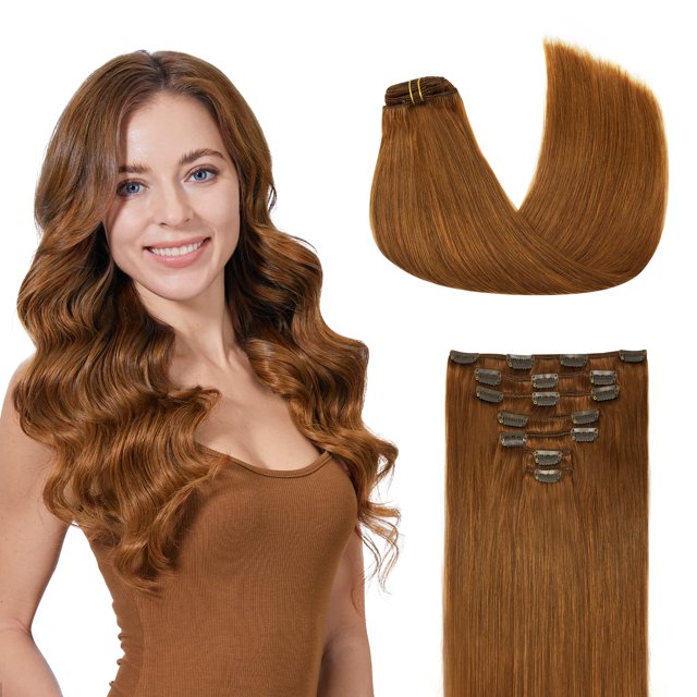 extensiones de cabello humano real natural con clip para mujeres, extensiones de cabello remy de 14 pulgadas, 4,23 o muestra el producto en varias vistas: mechones lisos y ondulados y un panel con clips metálicos en la parte superior; modelo de torso lleva las extensiones puestas.