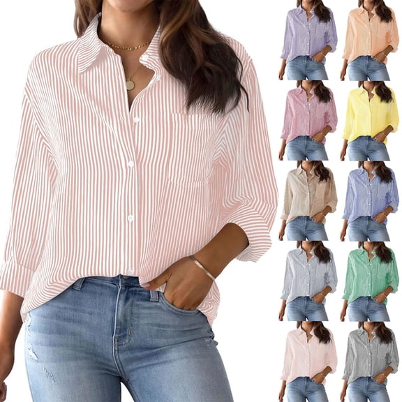 CAIXIA Women's Striped Casual Blouse Loose Fit Long Sleeve Cardigan Top for Everyday Comfort Womens Spring Tops 2026,Green