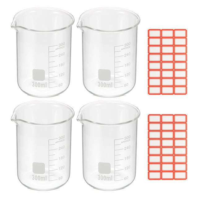 300ml Glass Beaker, 4 Pack Measuring Glass Beaker Graduated Borosilicate Lab Cups Mug Low Form Heat Safe Transparent with Spout Label for Laboratory Science Kitchen Liquids