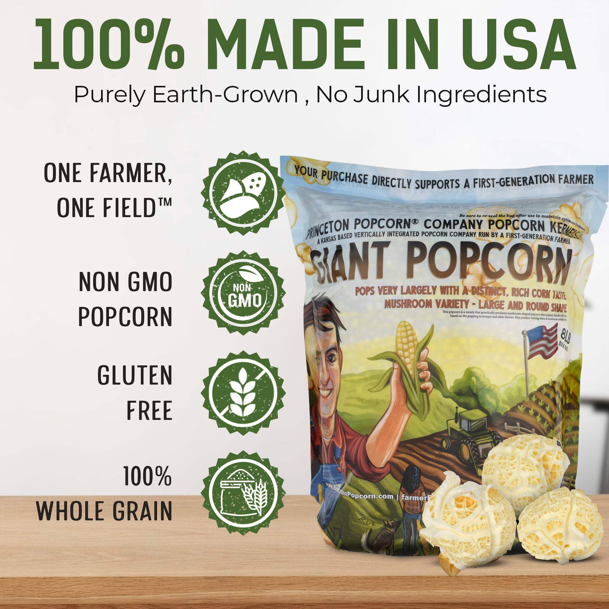 Giant Popcorn Kernels by Princeton Popcorn Farm Grown, Non GMO, Gluten Free UnPopped, Ball Shaped, Old Fashion Popcorn Pops Extra Large, Popping Corn for Air Popper & Stovetop 8lbs