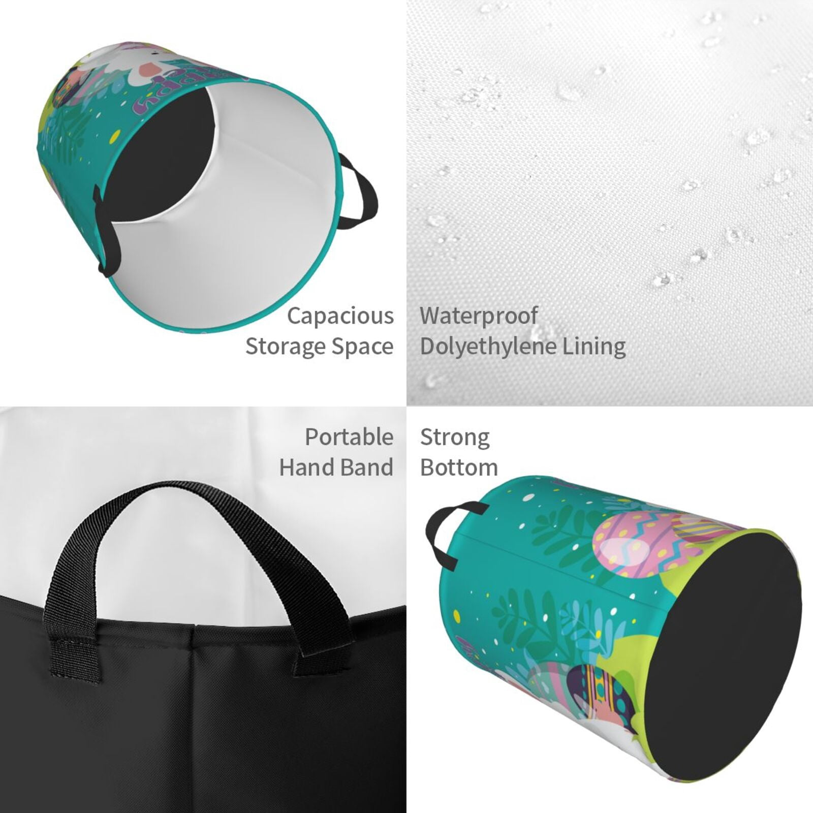 Gukieu Happy easter Print Round Dirty Clothes Bag, Waterproof Standing Home Bathroom Storage Basket Car Trunk Storage Bag-Small
