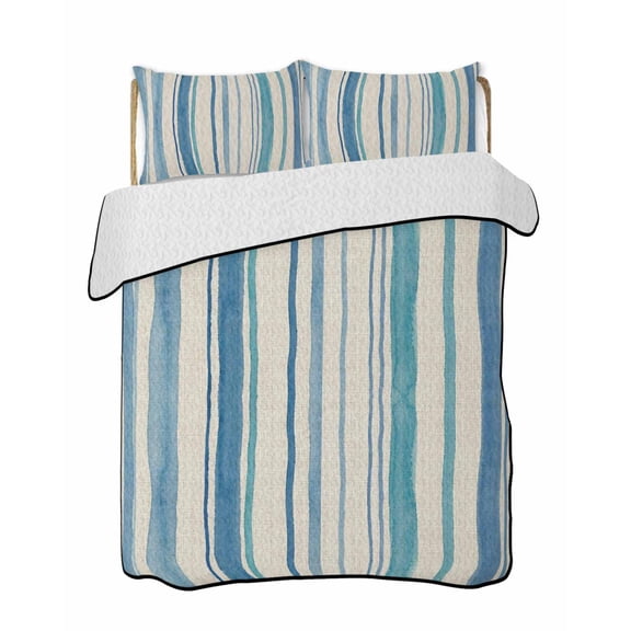 Quilts Queen Size Bedding Set, Vintage Blue Teal Striped Lightweight Quilted Comforter, Farmhouse Stripes Retro Art Soft Reversible Bedspread Coverlet with Pillow Covers for All Season, 90" x 96"