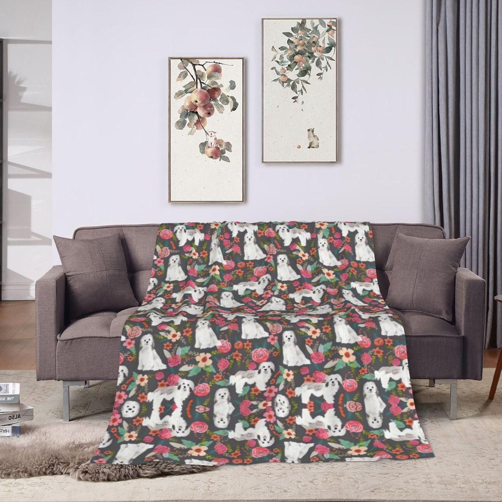 Wijzvio Havanese Dogs Lovers Pink Rose Flower Floral Throw Blanket Soft Fuzzy Fleece Blanket For Couch Bed Living Room Decoration 80"X60"