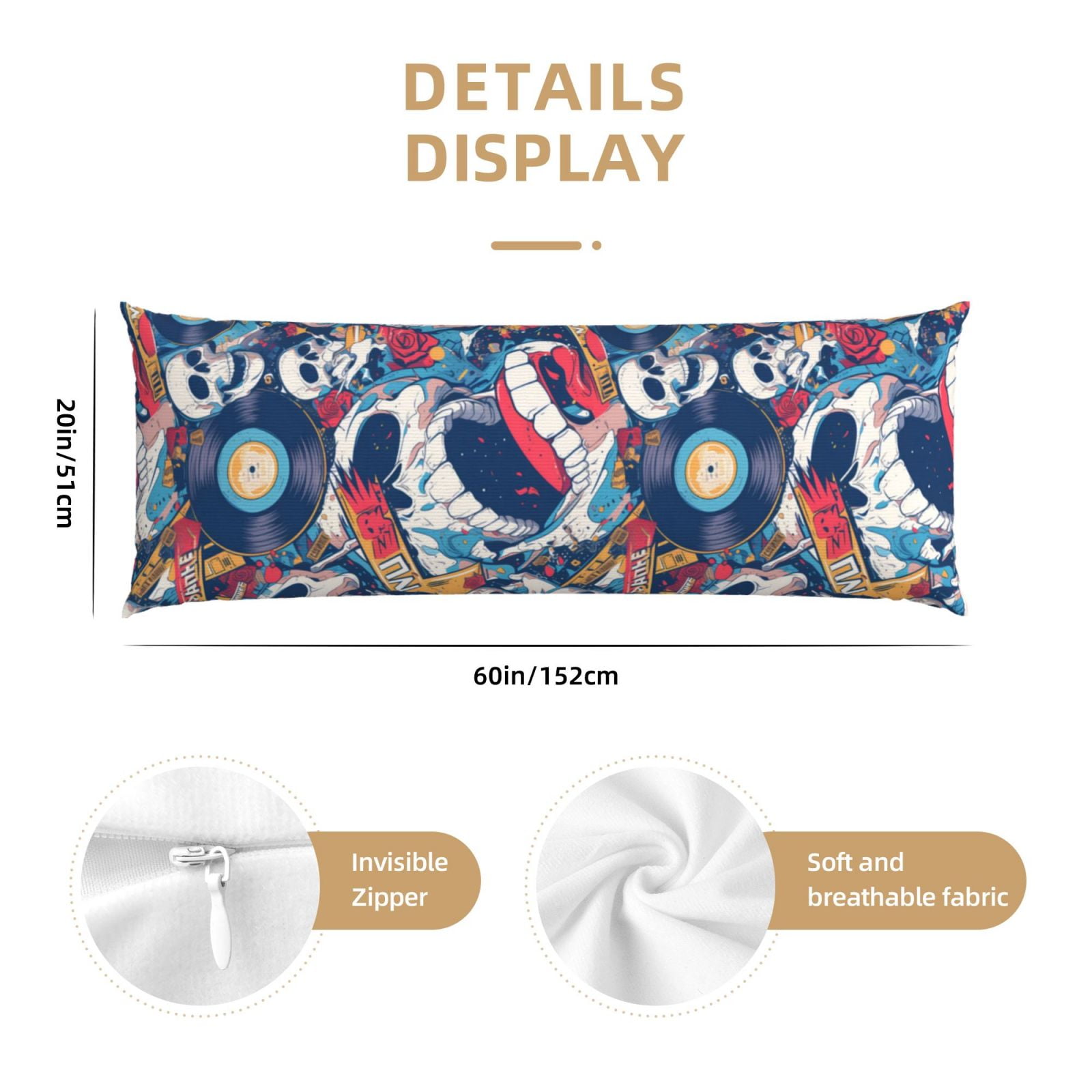 Naloa cool rock Skull Super Soft 20x60 Body Pillow Case,Long Side Hidden Zipper（PILLOWS ARE NOT INCLUDED）