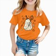 thumbnail image 2 of xaweyi Youth Girls Halloween Short Sleeve Crew Neck T-Shirt Single Ghost Pumpkin Border Print Holiday Top, 2 of 7