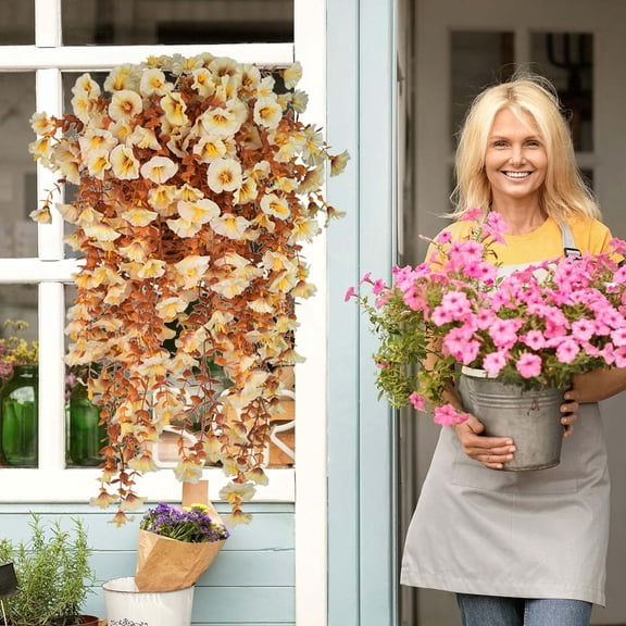 Fall Artificial Fake Mums Hanging Flowers Plants Basket for Outdoor Decoration,Faux Daisy planters UV Resistant Look Real for Home Porch Patio Balcony Yard Autumn Decor (White)