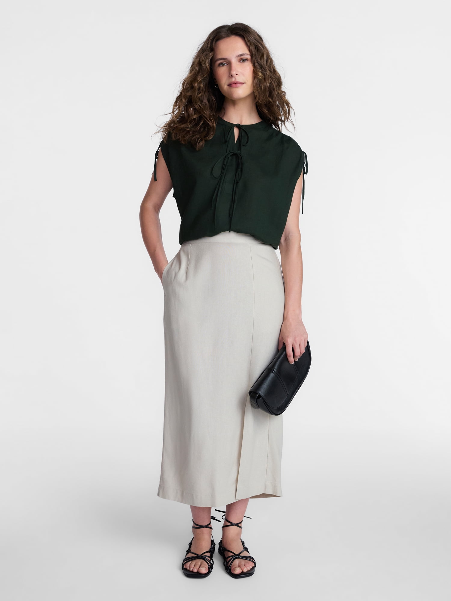Time and Tru Women’s Linen-Blend Tunic Top with Ruched Sleeves, Sizes XS-XXXL
