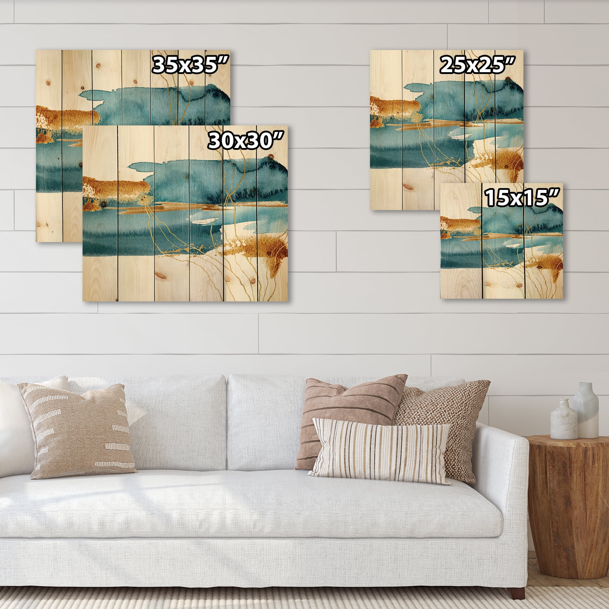 Designart 'Golden Laminaria Branch With Blue Underwater Plant' Modern Print on Natural Pine Wood