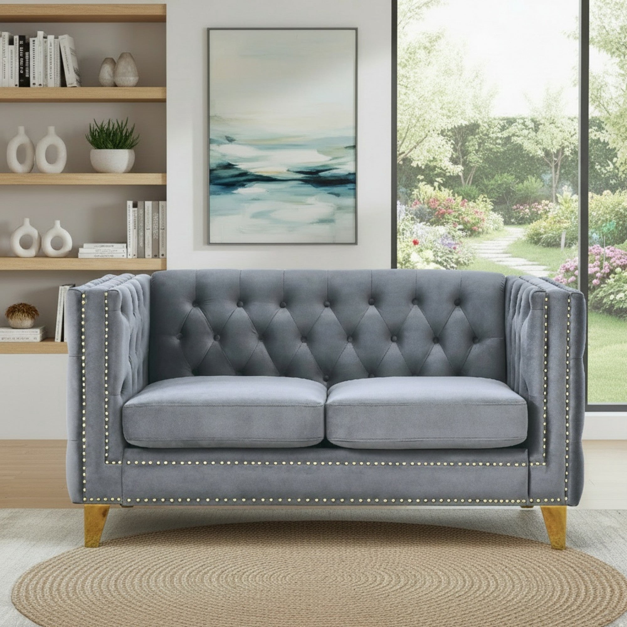 Sailvan 82" Velvet Chesterfield Sofa, Tufted Button Couch with Gold Metal Legs & Nailhead Trim, Modern 2-Seater with Unique Charm Loop Gray