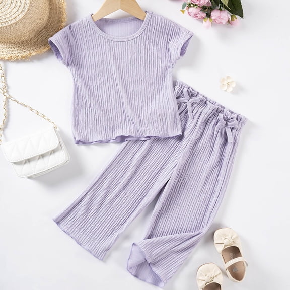 Amidoa Solid Color Girls Summer Outfits Short Sleeves Cotton T-Shirts and Kids Summer Casual Short Clothing Set Purple Size 1T