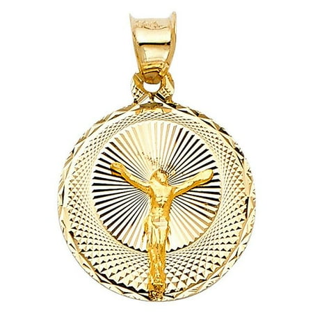 Precious Stars Jewelry 14k Yellow Gold Diamond-cut Crucifix Round Pendant