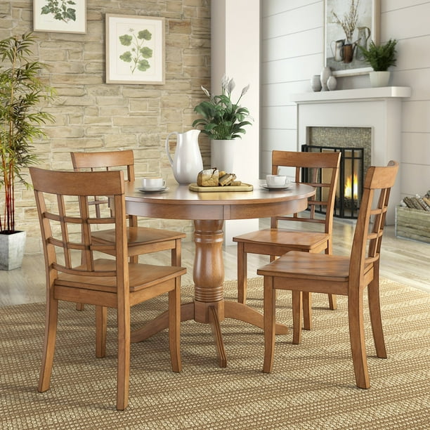 Lexington 5 Piece Wood Dining Set Round Table And 4 Window Back Chairs Oak Walmart Com Walmart Com