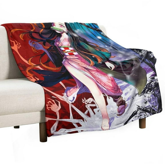 Demon Blanket Slayer Nezuko Flannel Throw Blankets Soft Pile Cozy Plush Throw Blanket for All Seasons, 3D Printed Warm Blanket for Sofa Beds Home Decor