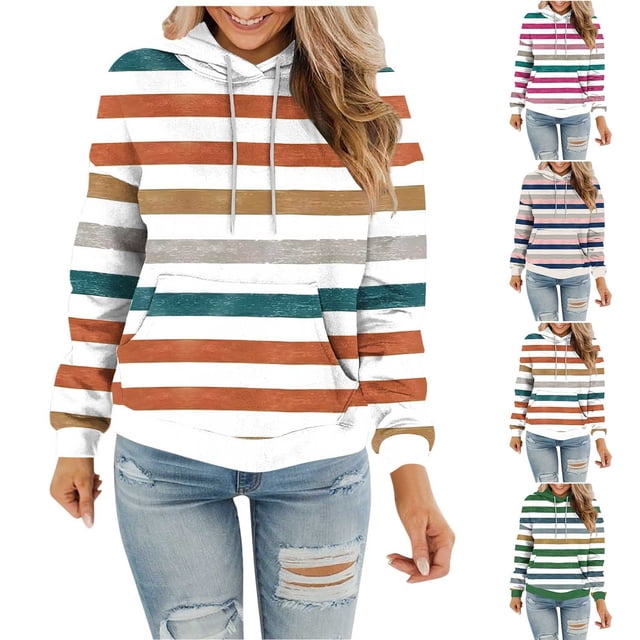Sentmoon Sweatshirt Long Sleeve Loose Oversized Women Clothes Striped Print with Pocket Drawstring Hoodies for Women Fall Soft and Comfortable for Beach Vacation S