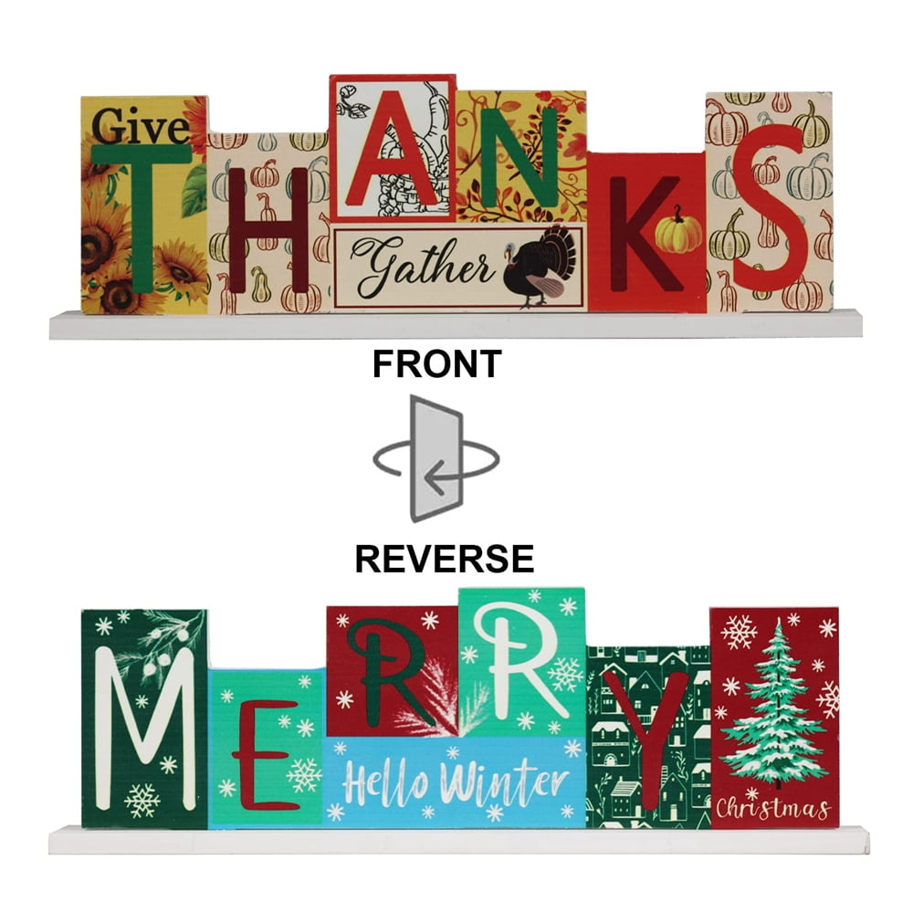 Christmas Thanksgiving Wooden Sign Table Decor, Double-Sided MERRY & THANKS Print Xmas Holidays Decor Tabletop Centerpiece Home Kitchen Office Decor