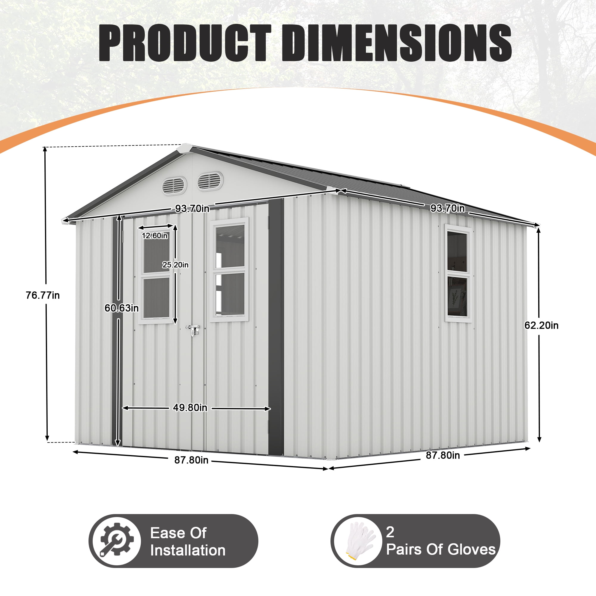 DTTRA 8 x 8 ft Outdoor Metal Storage Shed with 4 Window and Lockable Door, Waterproof Outside Storage Building for Garden, Backyard, Tool Storage Use, Easy to Install, White