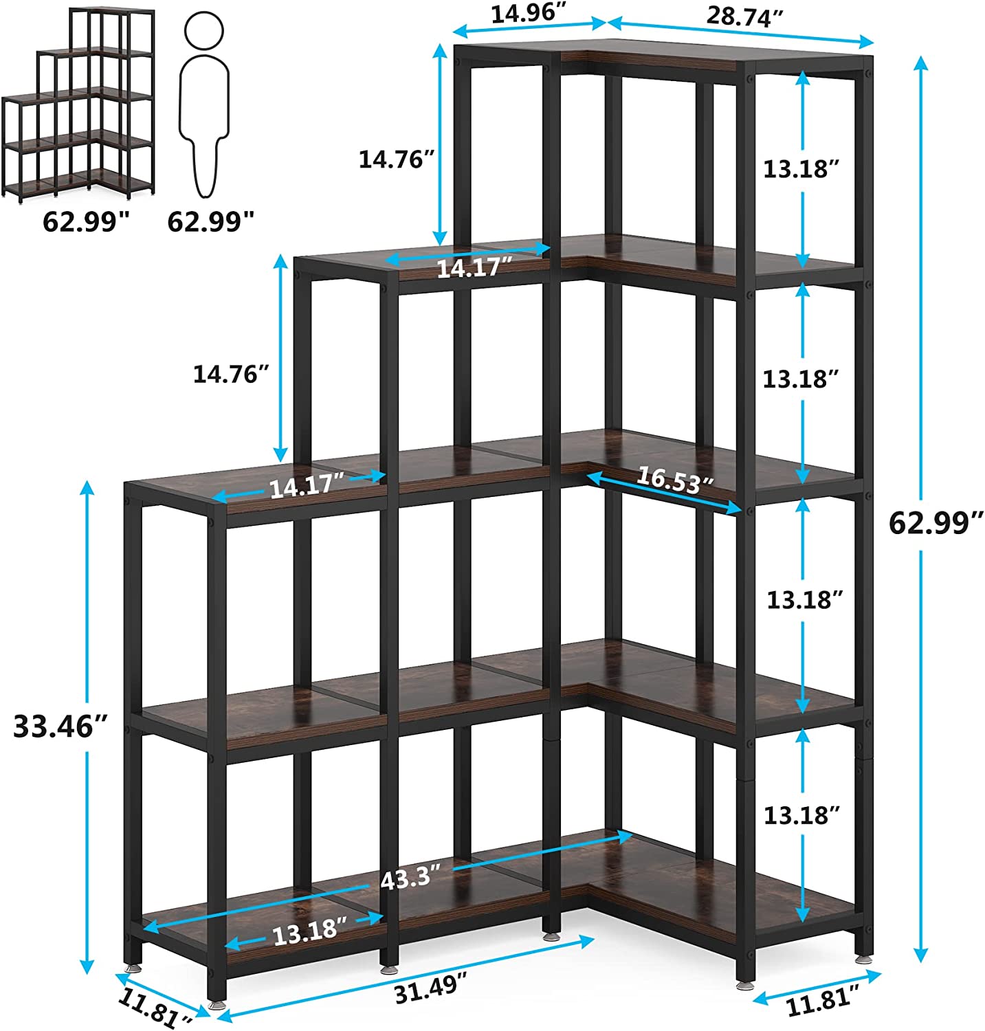 BYBLIGHT Eulas 63 in. Brown 5-Tier Corner Shelf, Tall Corner