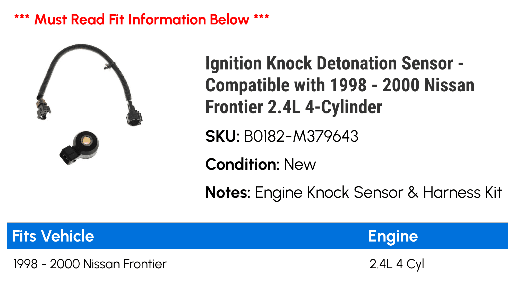 Ignition Knock Detonation Sensor - Compatible with 1998 - 2000 Nissan Frontier 2.4L 4-Cylinder 1999