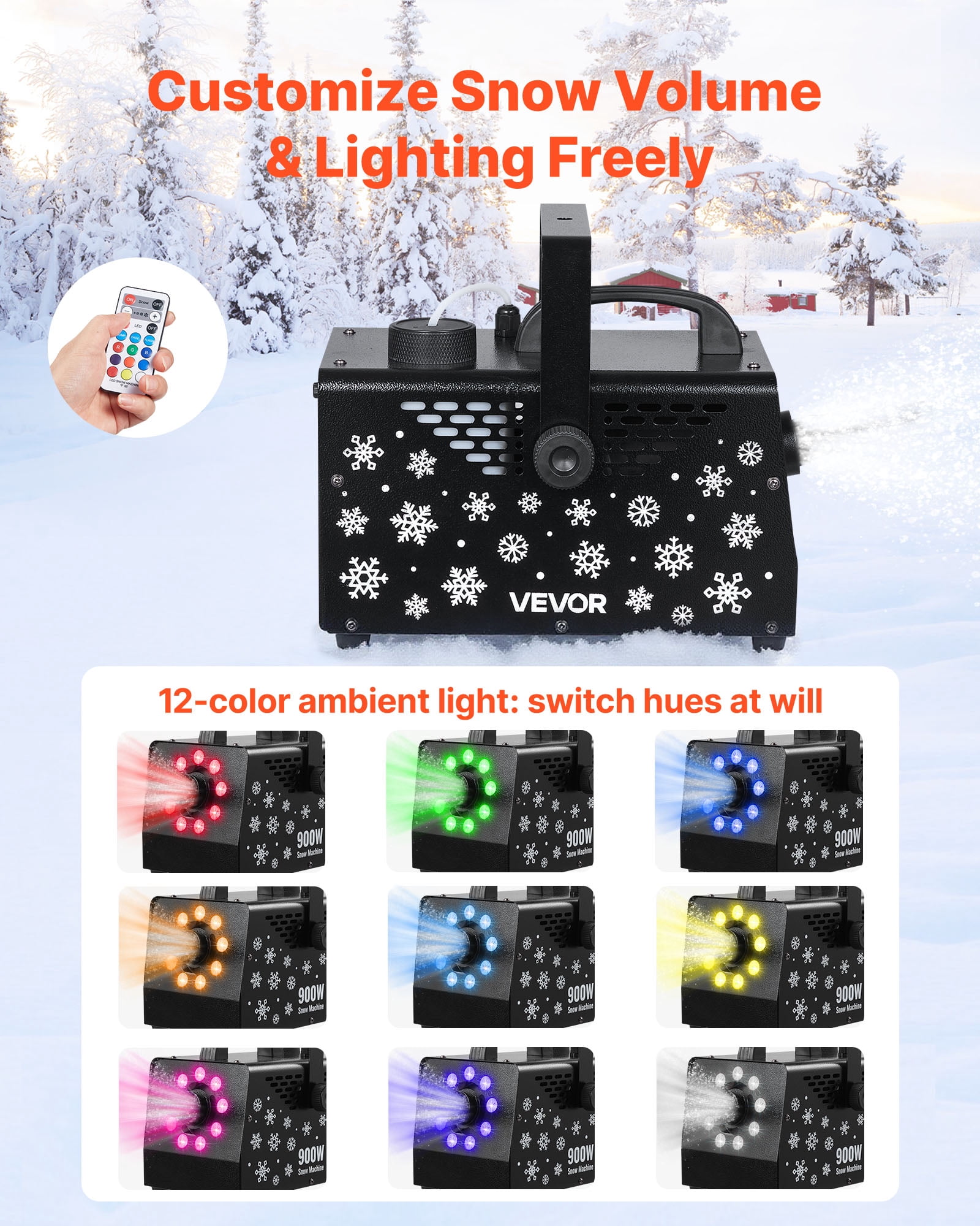 VEVOR 900W Snow Machine with 9 LED RGB Lights, 12 LED Lighting Colors, and Wireless Remote, Handheld/Hanging Outdoor Snowflake Machine Fake Snow Machines with 1L Tank for Christmas Party
