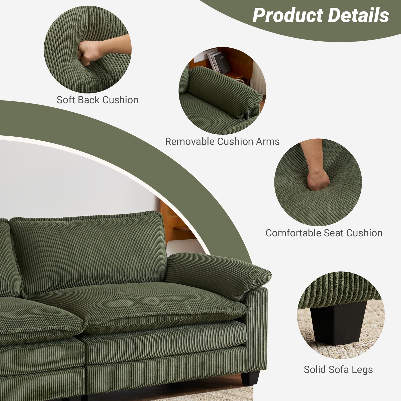 Zimtown 90" Sofa Bed Couch with Pillow Arms and Double Layer Cushions, Corduroy Loveseat Sofa with Removable Ottoman for Living Room, Green