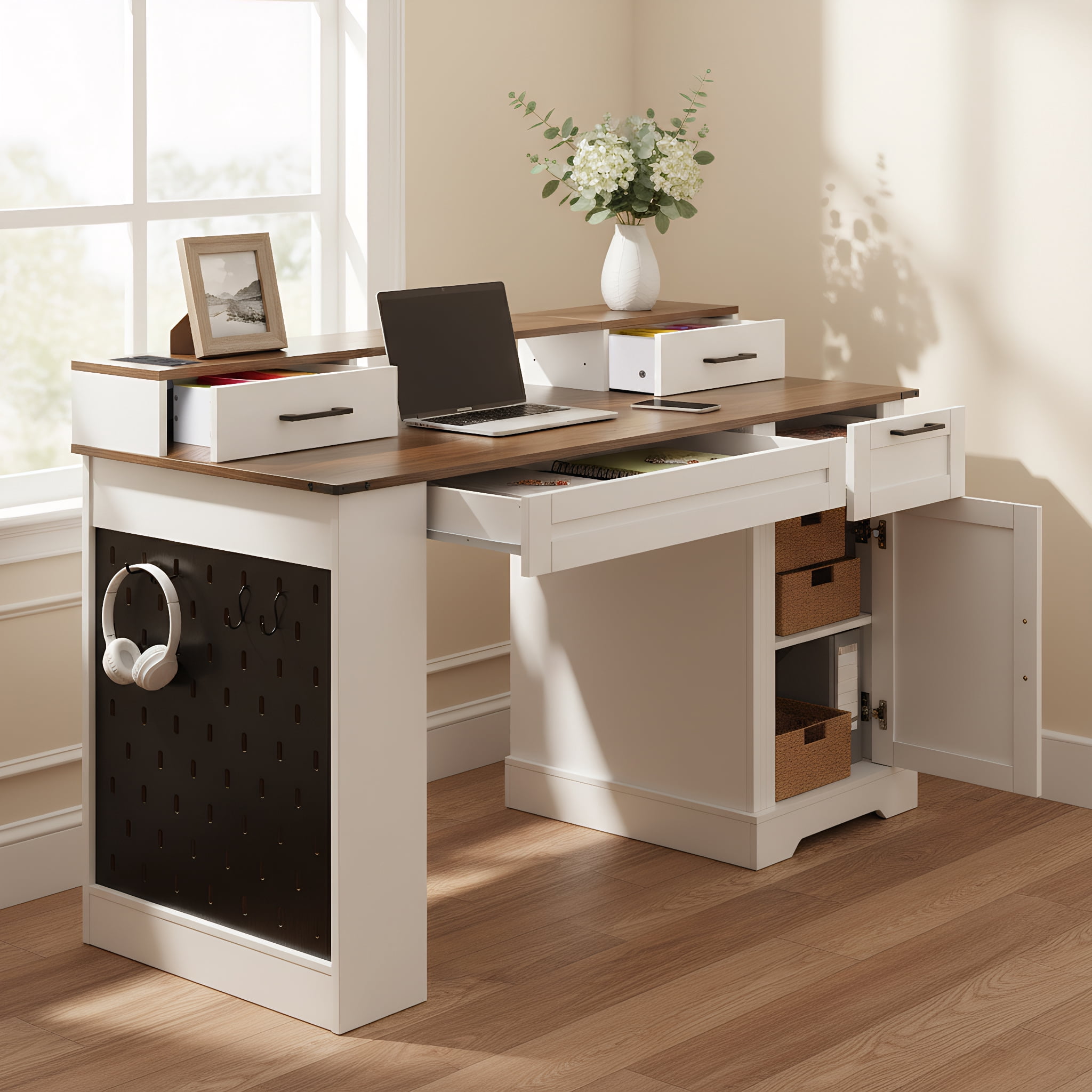 Mintazer 55" Farmhouse Office Desk with Charging Station & Storage Drawers, Computer Writing Desk with Monitor Stand, Keyboard Tray & Pegboard for Study Living Room Home Office, White