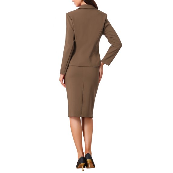 2 Piece Suit Skirt Business Set for Women Long Sleeve Work Outfits Blazer Jacket Pencil Skirts Set XL Coffee