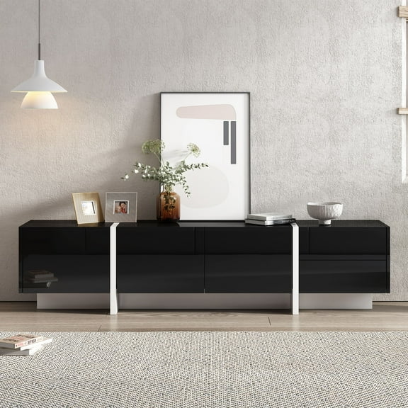 White & Black Contemporary Rectangle Design TV Stand, Unique Style TV Console Table for TVs Up to 80”, Modern TV Cabinet with High Gloss UV Surface for Living Room.