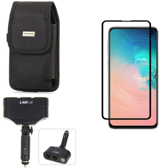 Galaxy S10e Screen Protector w Case Belt Clip w Car Charger Splitter - Tempered Glass 5D Curved Edge, Swivel Holster Rugged, DC Socket 2-Port USB Power for Samsung Galaxy S10e Phone
