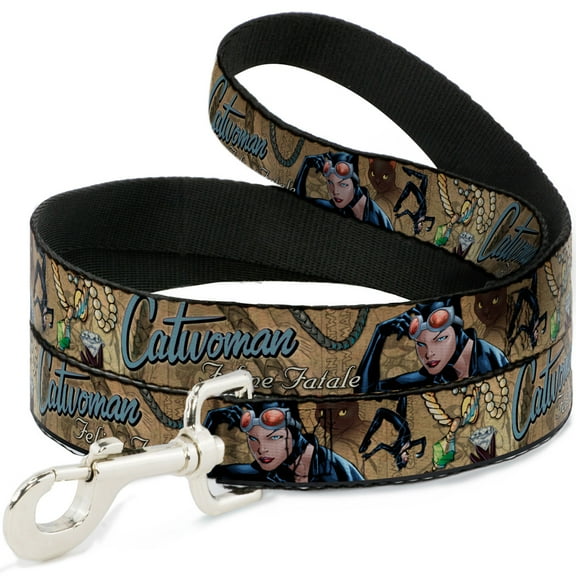 DC Comics Pet Leash, Dog Leash, Catwoman Nine Lives of A Feline Fatale Pose Jewelry Cat Tans, 6 Feet Long 1.5 Inch Wide