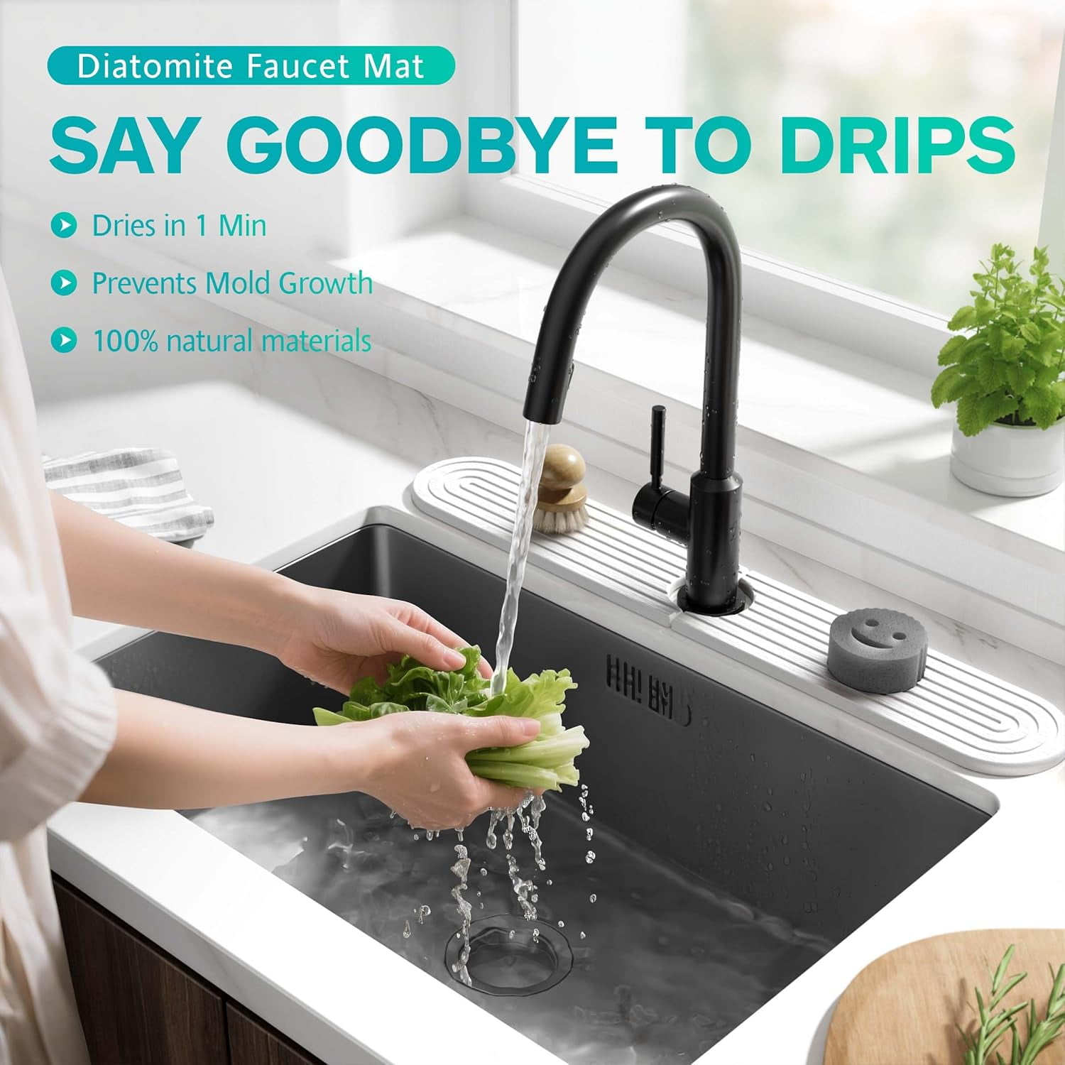 Stone Faucet Mat for Kitchen Sink – Diatomite Fast-Drying Stone Tray, Faucet Mat Sink Splash Guard, Decorative Sink Protector for Kitchen Bathroom Counter [White, 17.7''x3.9'']
