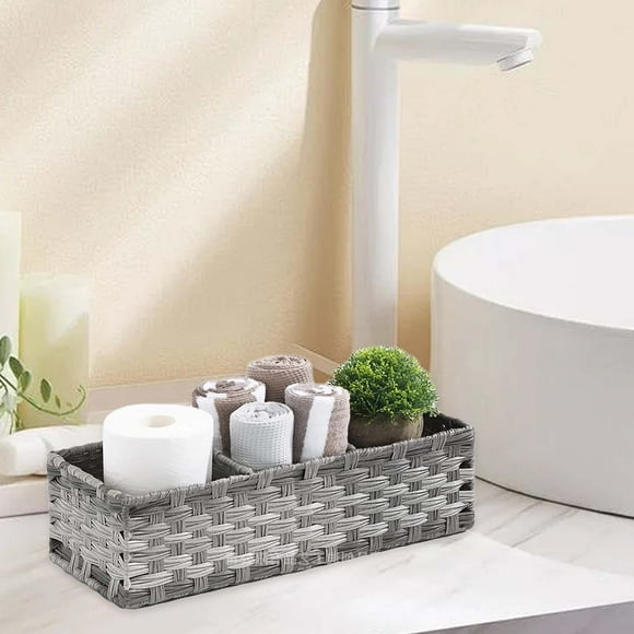 Multiuse Hand Woven Plastic Wicker Basket With Divider For Organizing- Farmhouses Bathroom Decor-Countertop Organizer Storage- Gray