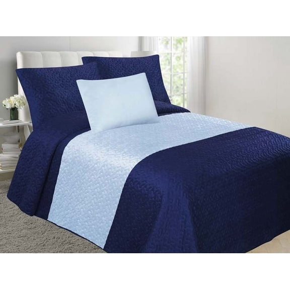 Super Soft Velvet 4Piece Two-Tone Bedspread Cover Set With Cushion - Navy & Light Blue - Queen Size