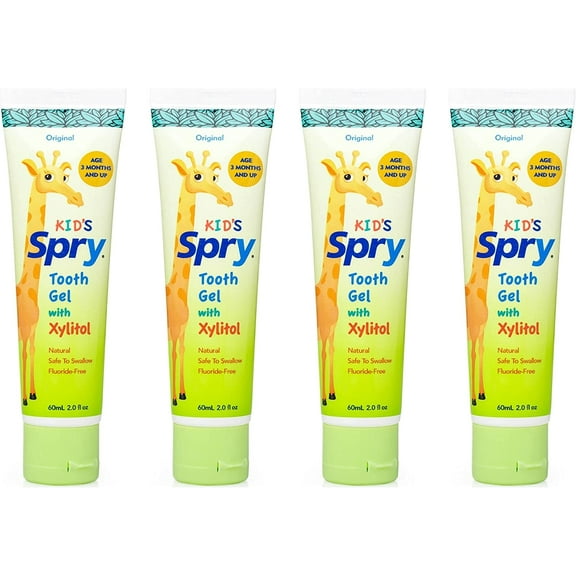 Spry Xylitol Toothpaste, Natural Tooth Gel for Kids 3 Months and Up, Original Flavor 2 fl oz 4 Pack
