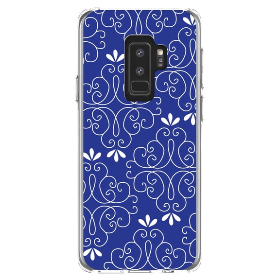 DistinctInk Clear Shockproof Hybrid Case for Samsung Galaxy S9  PLUS (6.2" Screen) - TPU Bumper, Acrylic Back, Tempered Glass Screen Protector - Dark Blue White Floral