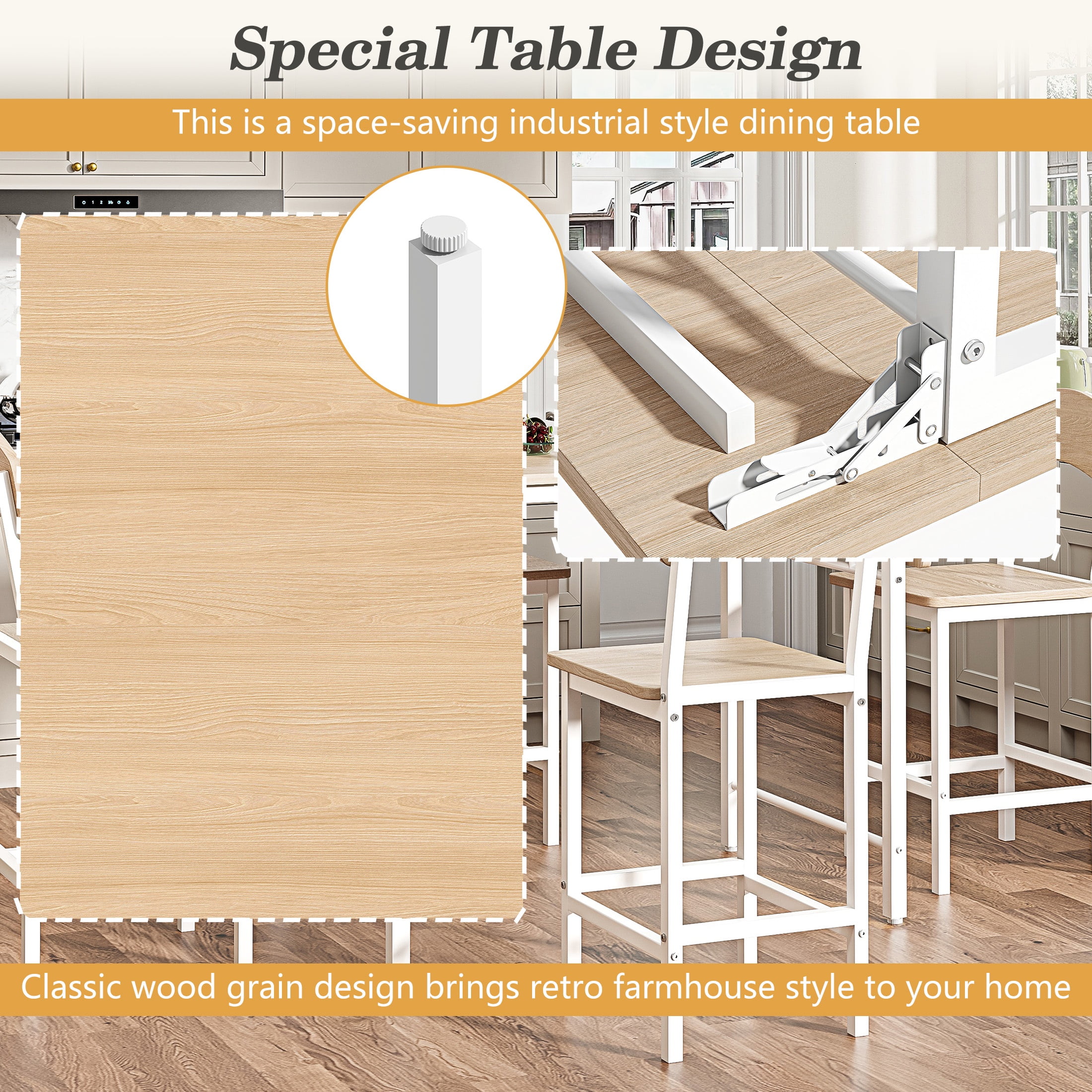 Dining Table Set for 4, PAPROOS 5 Piece Dining Set with Chairs, Counter Height Drop Leaf Dinner Table and 4 Stools for Kitchen Dining Room Breakfast Nook, Natural & White