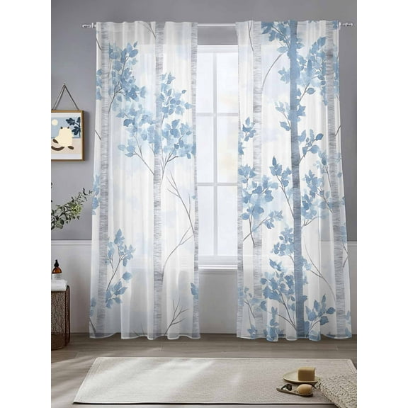 Blue Ombre Leaves Sheer Curtains for Living Room Bedroom Gray Forest Branches Sheer Curtains 84 Inch Long 2 Panels Set Light Filtering Curtain Window Treatments Drapes for Dining Room
