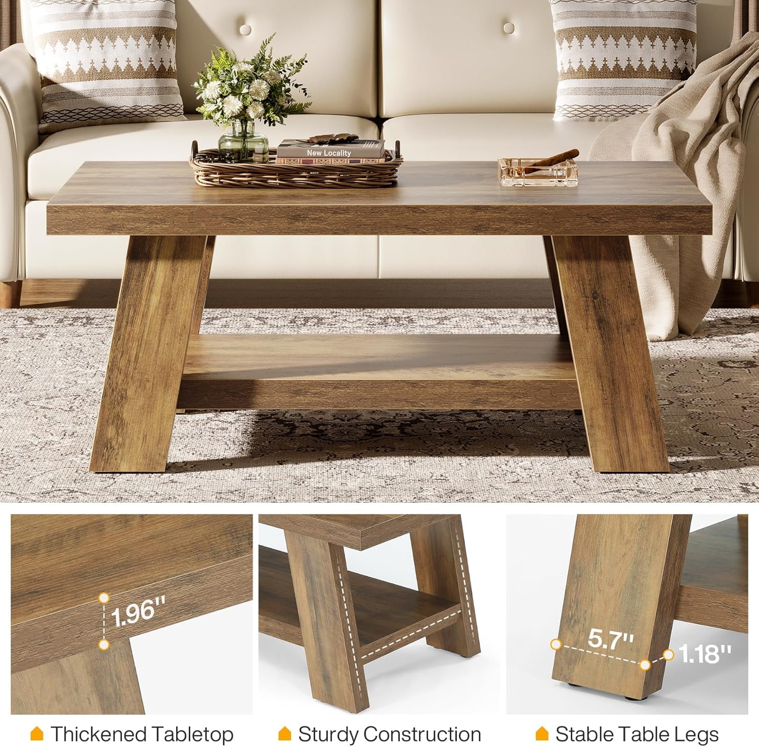 Tribesigns 2-Tier Rectangular Coffee Table, 47.24" Farmhouse Center Table with Storage Shelves for Living Room (Rustic Brown)