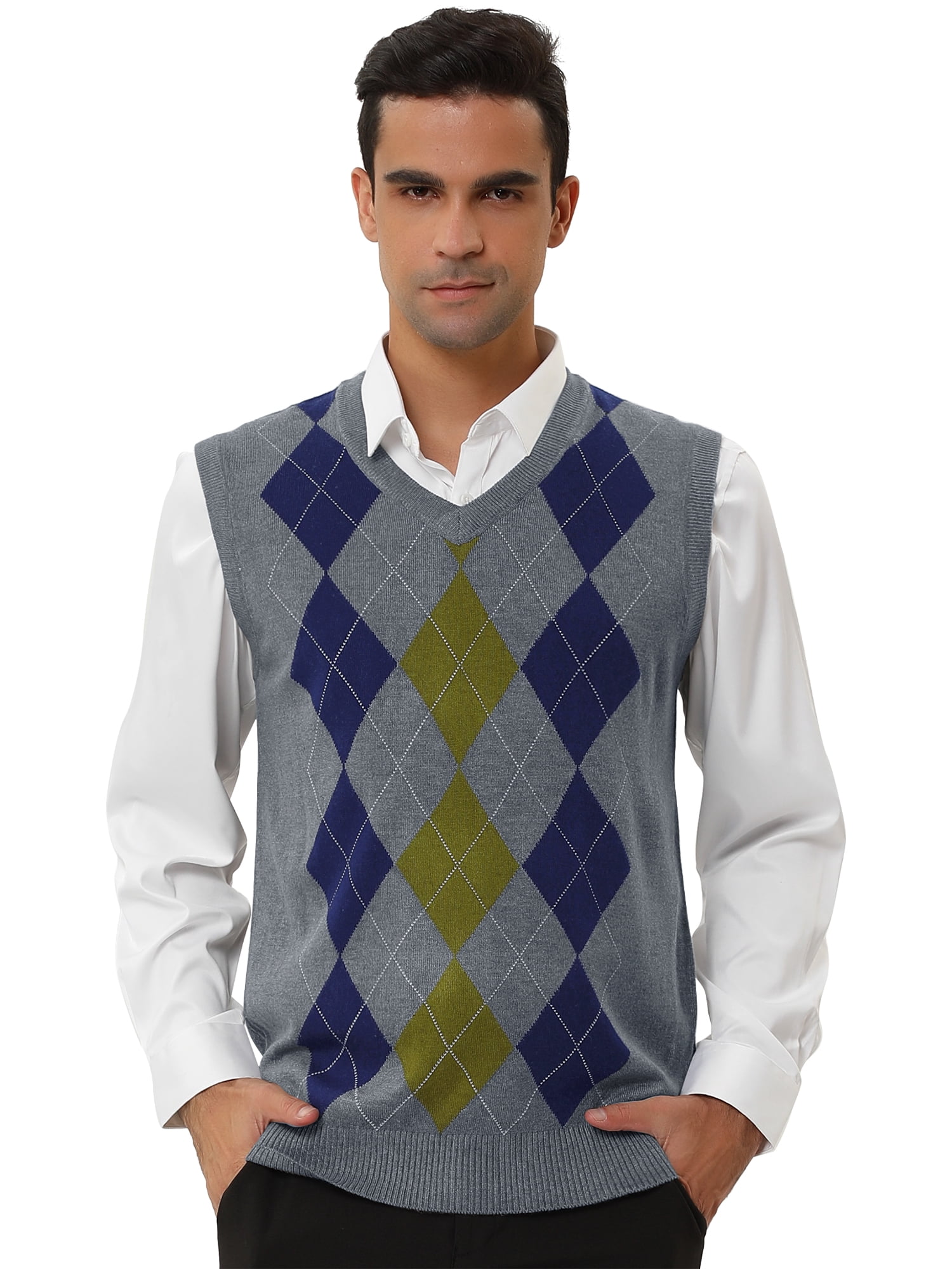 Unique Bargains Men's Argyle V Neck Slim Fit Sleeveless Knit Pullover Sweater Vests S Gray
