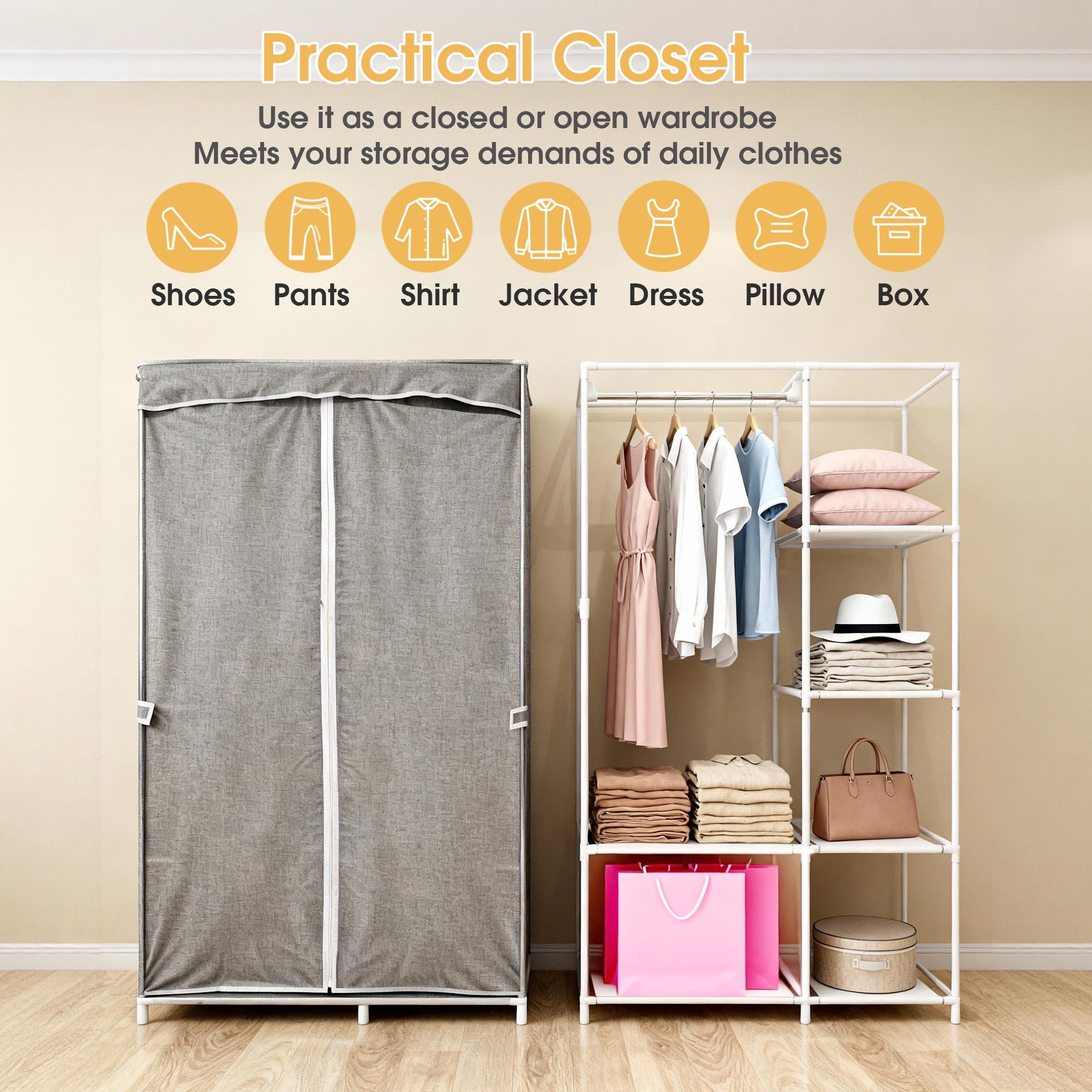 CISILOV Portable Closet Organizers, Wardrobe Closet with 1 Hanging Rod, 6 Storage Shelves & 2 Side Pockets, Free Standing Closet Clothes Organization & Storage with Cover for Bedroom, Dorm