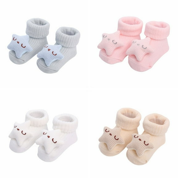 4-Pair Socks Newborn Baby Girl Boy Cute Cartoon Star Cotton Socks Infant Anti-slip Warm Floor Socks Medium Tube Knitted