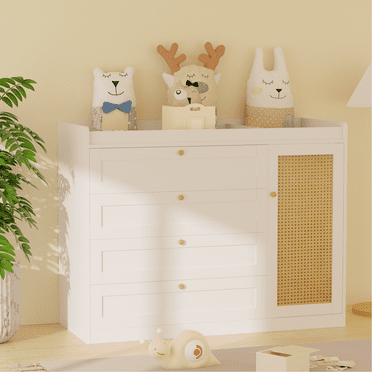 QUNTTINA 47.2'' 4-Drawer Changing Table With 1 Cabinets, Infant Diaper Changing Station, Solid Wood Diaper Table，for Newborn, Easy Assembly, White