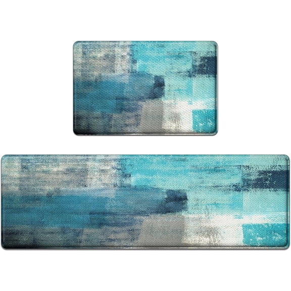 Anti-Fatigue Turquoise Kitchen Rug Set of 2 Cushioned Abstract Teal Rugs for Kitchen Floor, Standing Mat Waterproof Non-Slip Kitchen Mats and Rugs PVC Ergonomic Comfort Foam Kitchen Decor