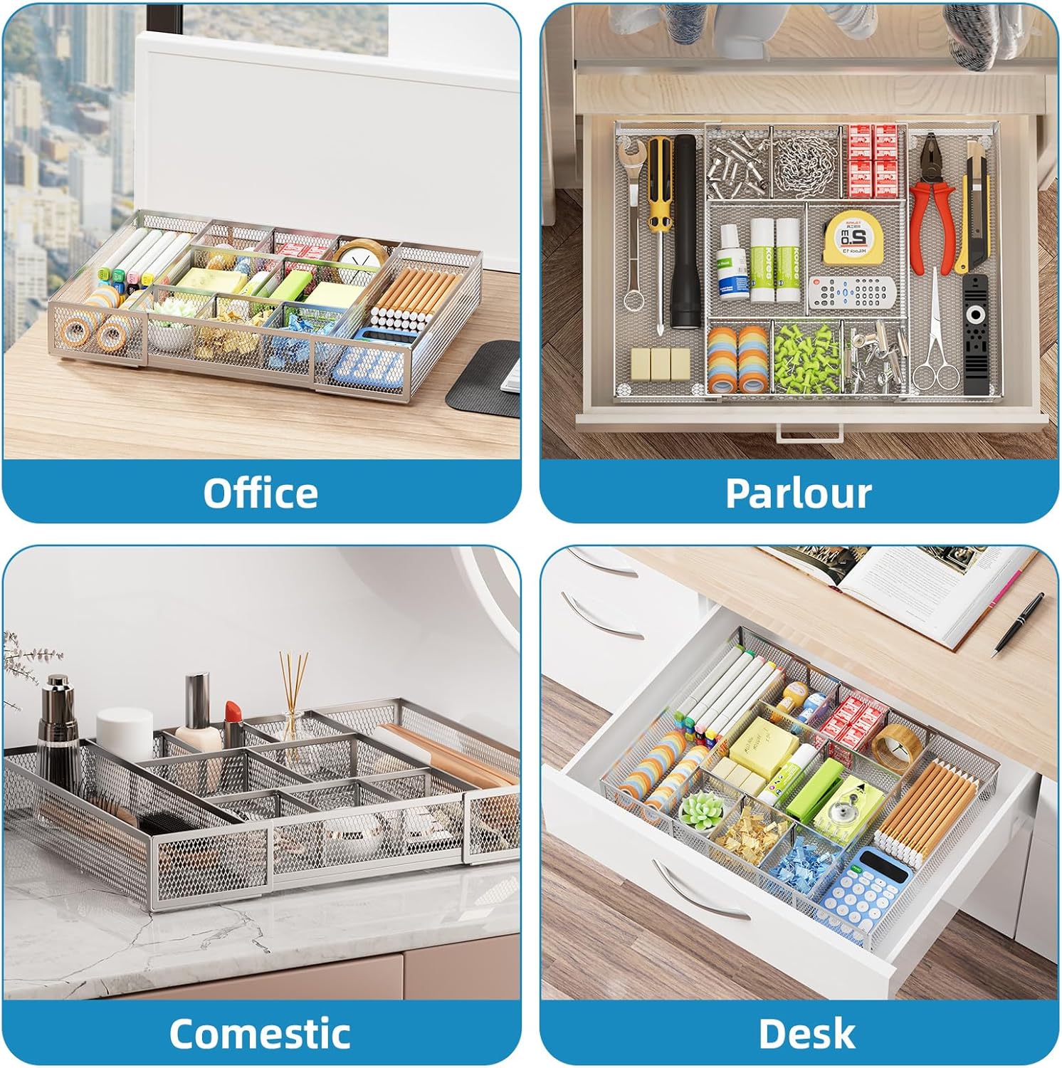 Expandable Desk Drawer Organizer, Mesh Tray with 10 Adjustable Compartments, Desk Organizers for Office Supplies, Makeup & Vanity (Expandable-Silver 2pack)