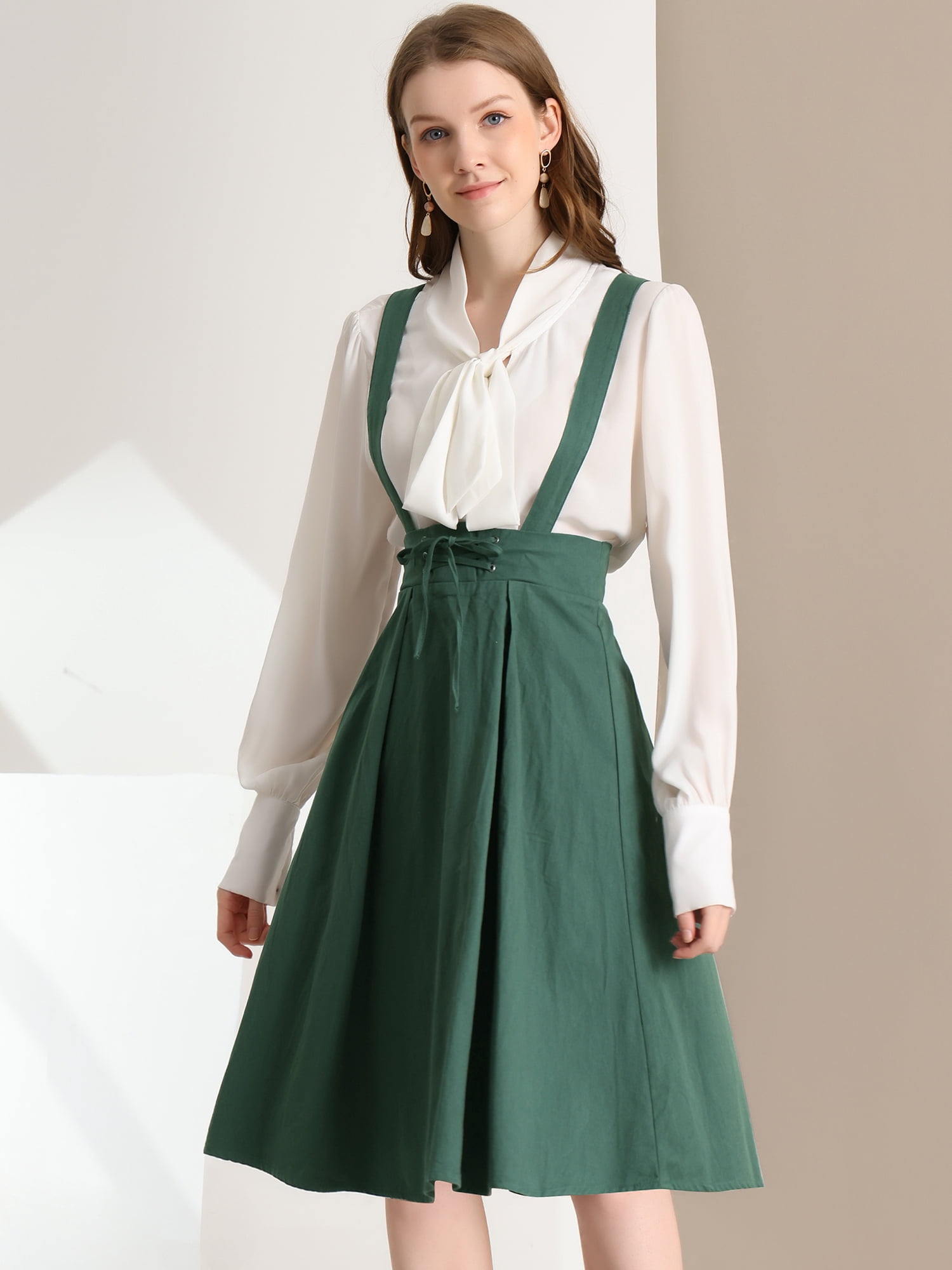 DARING DIVA Women's Cute High Waist Suspender Skirt Mini Dress S Dark Green