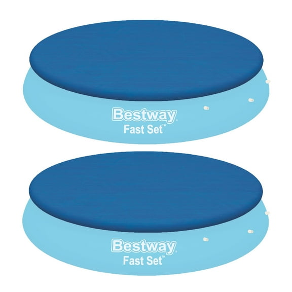 Bestway Flowclear Fast Set 12 Ft Round PVC Pool Cover with Ropes, Blue (2 Pack)