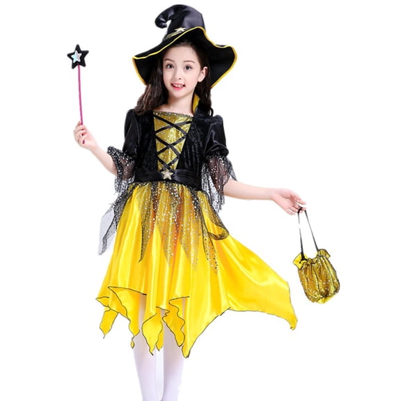 Girls Halloween Dress, Toddler Girls Halloween Outfits Set with Dress Hat Wand Stick & Sparkly Bag for Party Cosplay Roleplay, Halloween Gifts