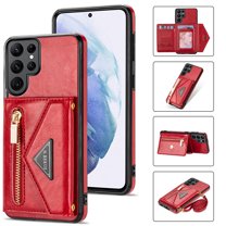 Dteck Case For Samsung Galaxy S22 Ultra,Luxury Leather Zipper Card Holder Wallet Cross Body Shoulder Strap Case Shockproof Hybrid Rubber Kickstand Cover for Galaxy S22 Ultra 5G,Red