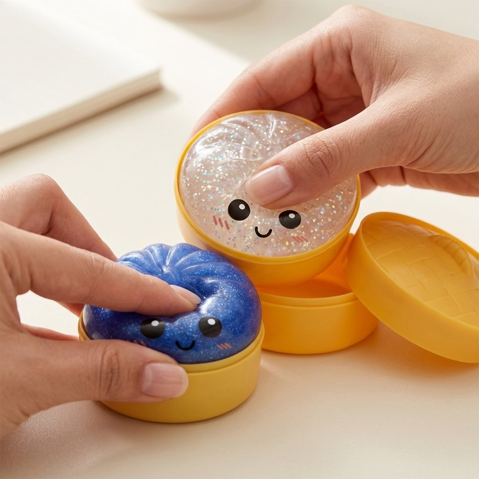 2Pcs Glitter Colorful Dumpling Squishy, Cute Squishy Dumpling Large with Steamer, Squishy Dumpling Doll with Cute Expressions, Silicone Bun Sensory Fidget Dolls, Hand Pinching Decompression Dolls
